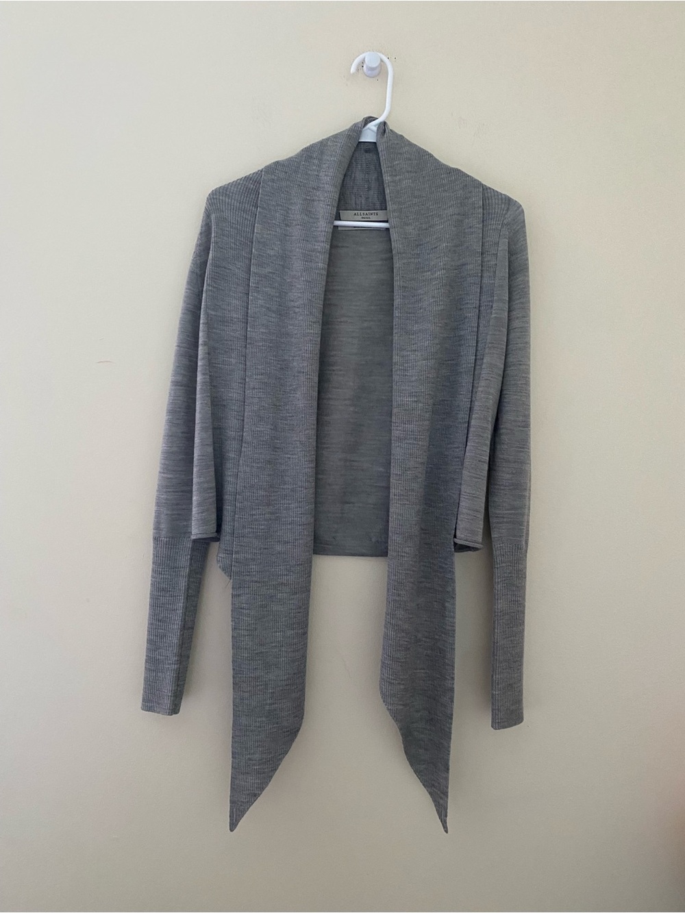 AllSaints Wasson Pirate Wrap Merino Wool Grey Open-Front Draped Cardigan - Picture 6 of 14